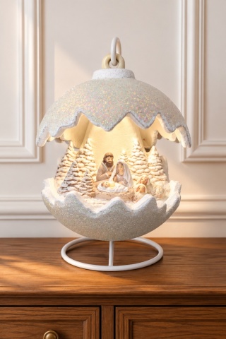 Kula ceramiczna 22cm LED szopka ecru brokat
