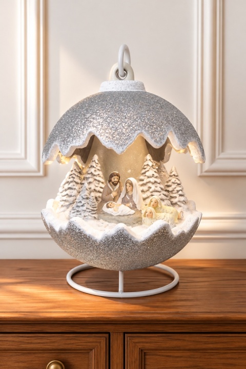 Kula ceramiczna 22cm LED szopka srebrny brokat