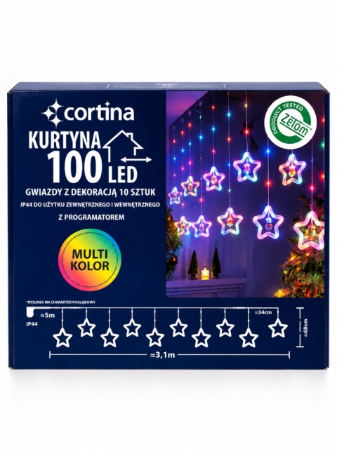 Kurtynka 100LED gwiazdki z dekoracją 10szt kolor dł.3,1m (5/25/LED-M) h:64cm programator wew/zew transformator