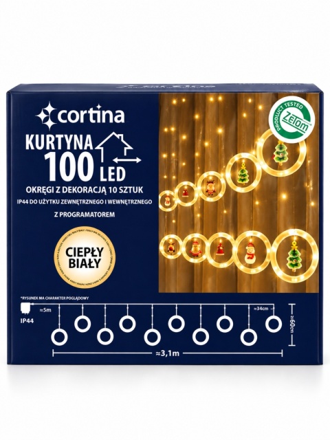 Kurtynka 100LED okręgi z dekoracją 10szt ciepłe dł.3,1m (6/25/LED-WW) h:66cm programator wew/zew transformator