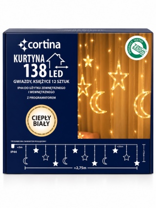 Kurtynka 138LED gwiazdy i księżyce 12szt ciepłe dł.275 x wys.115cm (3/25/LED-WW) programator transformator