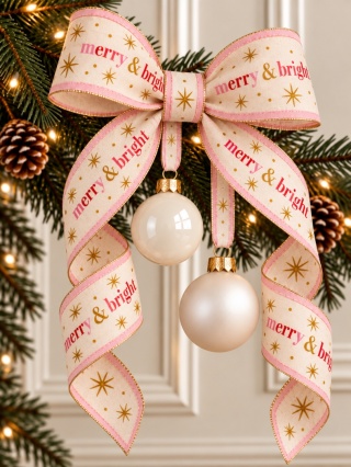 Wstążka materiałowa beżowa "Merry bright" (201901)szeroka
