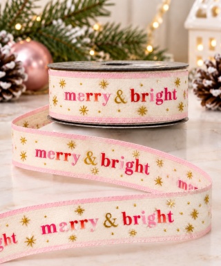 Beige fabric ribbon "Merry & Bright" (201901)