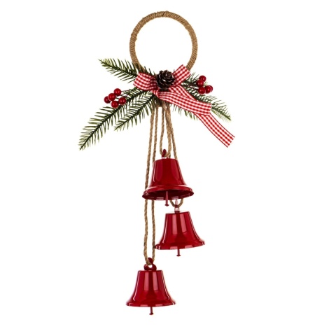 Hanging decoration: 3 red metal bells with ornamentation (180558)