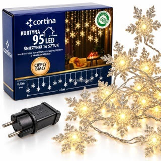 Kurtynka 96LED śnieżynki 16szt ciepłe 8funkcji 300 x 76cm (1/25/LED-WW26)