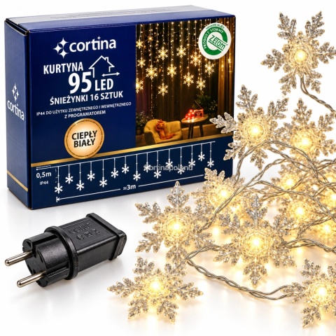 Kurtynka 96LED śnieżynki 16szt ciepłe 8funkcji 300 x 76cm (1/25/LED-WW26)