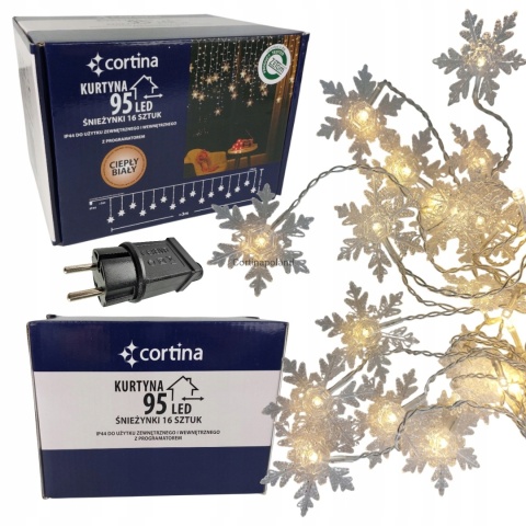 Kurtynka 96LED śnieżynki 16szt ciepłe 8funkcji 300 x 76cm (1/25/LED-WW26)