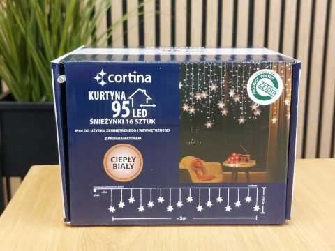 Kurtynka 96LED śnieżynki 16szt ciepłe 8funkcji 300 x 76cm (1/25/LED-WW26)