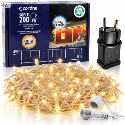 Lampki sople 200LED+gn b.zimny; ciepły flesh 7mb 102/21/FLE/CW+WW biały kabel 5m przyłącze