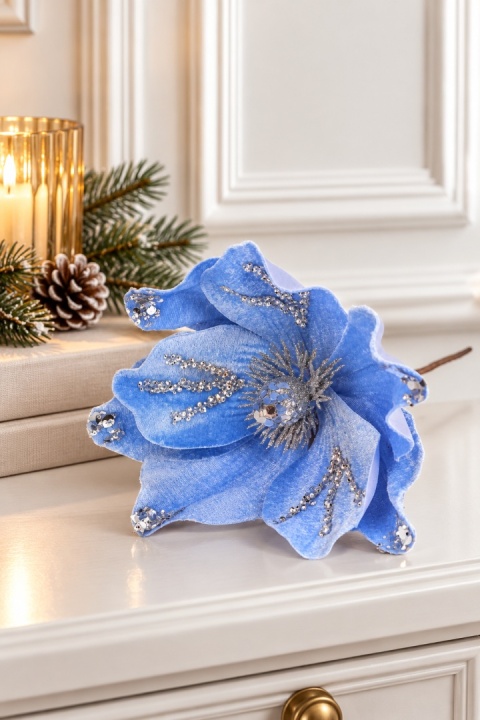 Magnolia na piku niebieska srebrny brokat (CV41190-2)