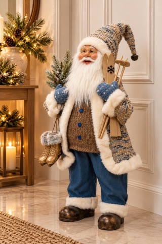 Mikołaj 60cm beżowo niebieski z łyżwami i nartami (704335)