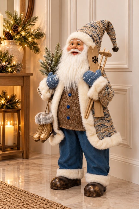 Mikołaj 60cm beżowo niebieski z łyżwami i nartami (704335)
