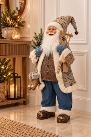 Mikołaj beżowo niebieski 45cm z łyżwami i nartami (704334)